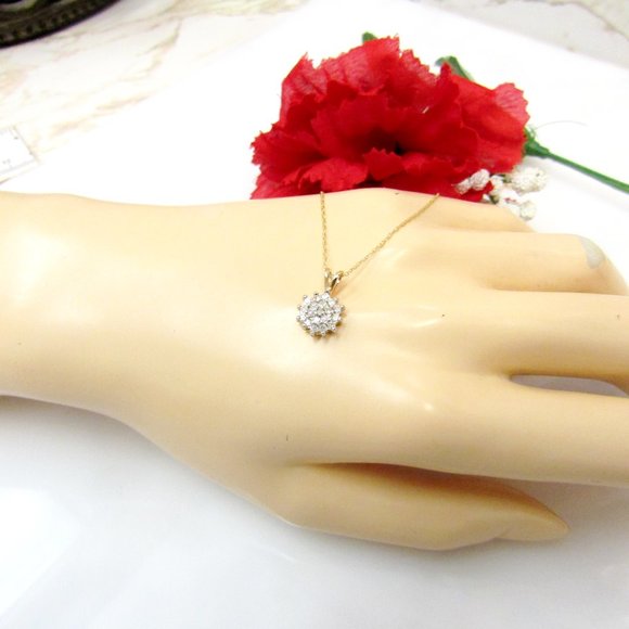 Diamond Cluster Pendant Necklace Solid 10k Yellow Gold Genuine Natural Real - Picture 4 of 6